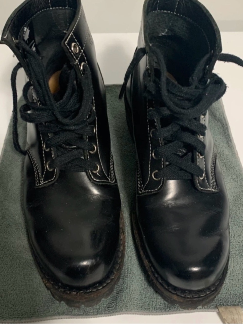 Mens Black Lace-Up Gloss Leather Work Boots